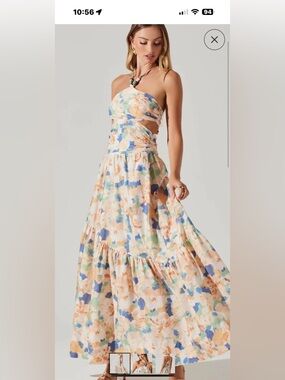 Hand-Painted Floral Maxi Skirt in Blue & Peach